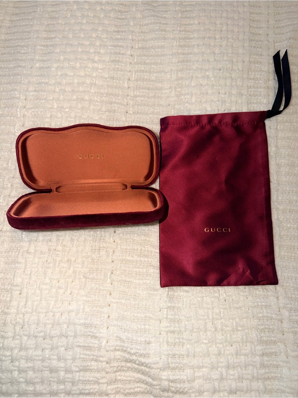 Gucci Burgundy Velvet Eyewear Case and Satin Drawstring Pouch
